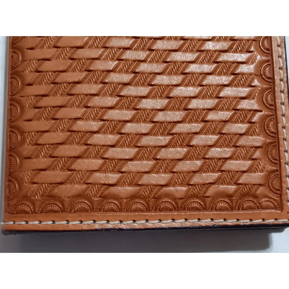 Ray Frazier Handmade Tooled Leather Basketweave Western Bifold Wallet Tan Brown
